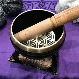 Black Flower of Life Tibetan Singing Bowl with Cushion & Stick