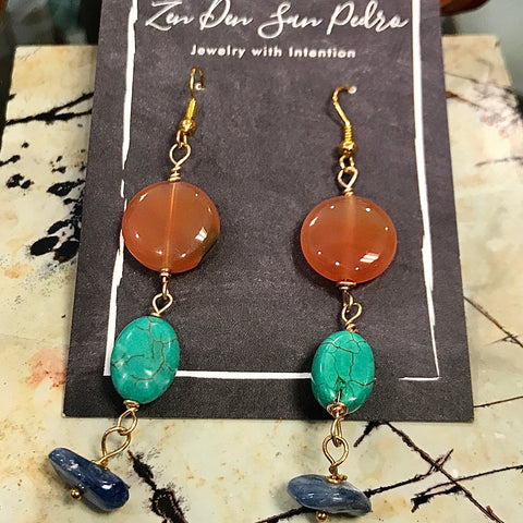 Carnelian, turquoise, Howlite & Kyanite Gold Fishhook Earrings