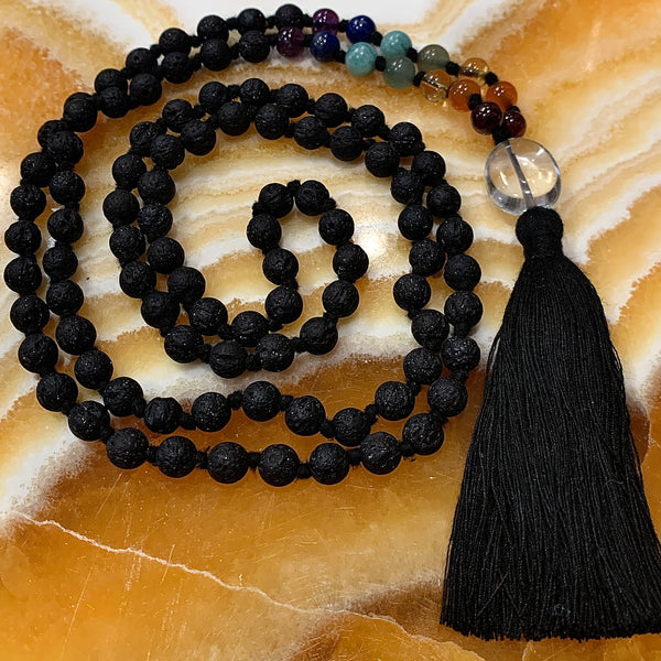 Seven Chakras Lava Beads Meditation 108 Bead Mala Necklace