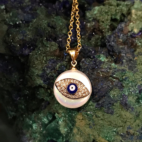 Evil Eye Pearl Coin Pendant CZ Necklace
