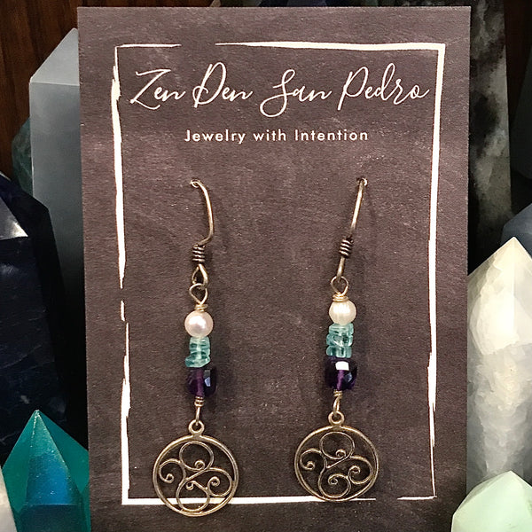 Blue Topaz Pearl and Amethyst Swirl Drop Sterling Silver Earrings