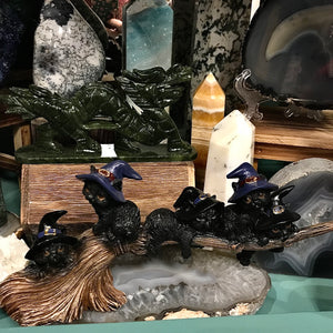 Magical Cats on Broom in Resin
