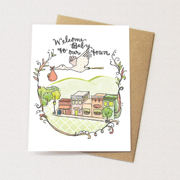 Town Baby Card - new baby card, baby shower, hand drawn illustration, cynla card