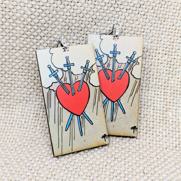 Tarot Card Earrings / Three of Swords Earrings / Tarot Gift / Tarot Earrings / Hypoallergenic / Witch Jewelry / Rider Waite Deck