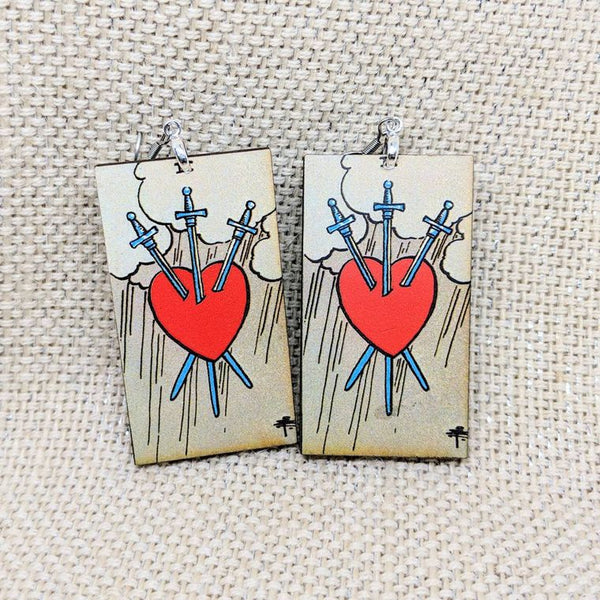 Tarot Card Earrings / Three of Swords Earrings / Tarot Gift / Tarot Earrings / Hypoallergenic / Witch Jewelry / Rider Waite Deck