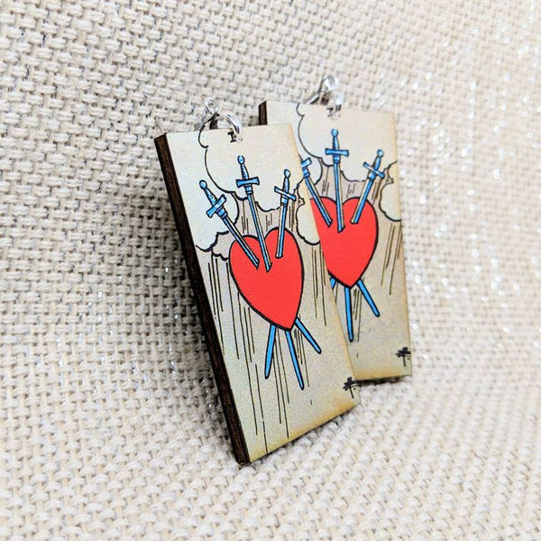 Tarot Card Earrings / Three of Swords Earrings / Tarot Gift / Tarot Earrings / Hypoallergenic / Witch Jewelry / Rider Waite Deck