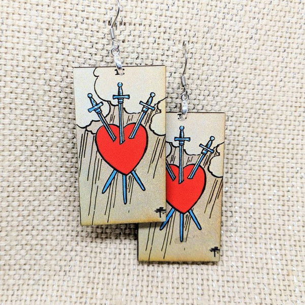 Tarot Card Earrings / Three of Swords Earrings / Tarot Gift / Tarot Earrings / Hypoallergenic / Witch Jewelry / Rider Waite Deck