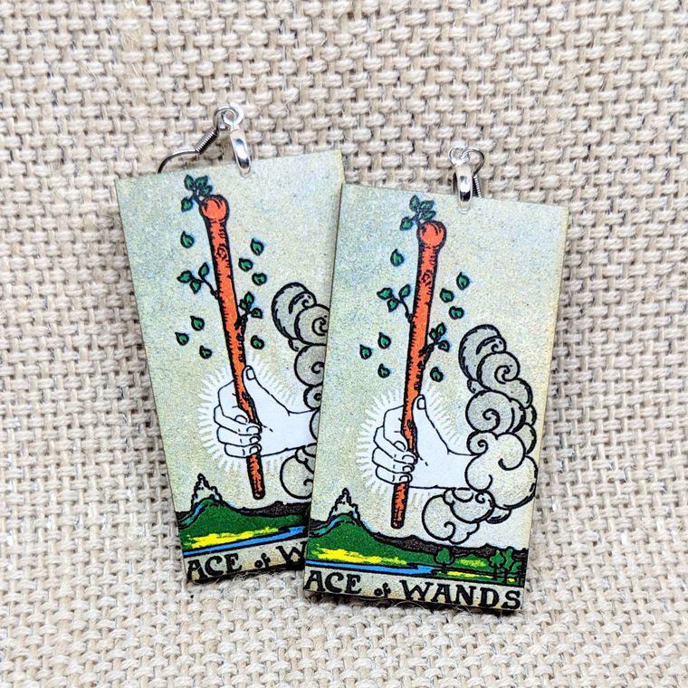 Tarot Card Earrings Ace of Wands Tarot Card / Tarot Gift / Occult Gift / Tarot Earrings / Occult Jewelry / Rider Waite / Halloween Earrings