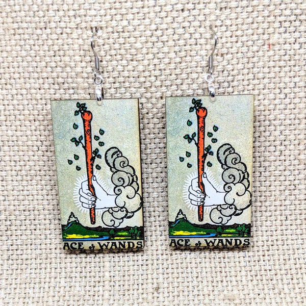 Tarot Card Earrings Ace of Wands Tarot Card / Tarot Gift / Occult Gift / Tarot Earrings / Occult Jewelry / Rider Waite / Halloween Earrings