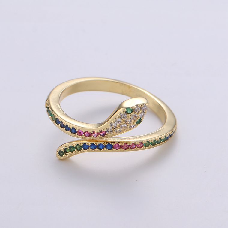 Rainbow Micro Pave CZ Snake Stack Ring, Adjustable Gold Band