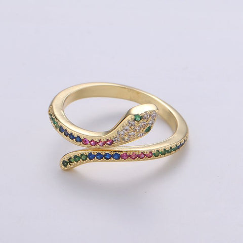 Rainbow Micro Pave CZ Snake Stack Ring, Adjustable Gold Band