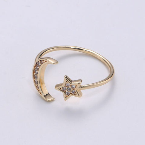 Clear CZ Star and Moon Open Cuff Golden Open Cuff Ring