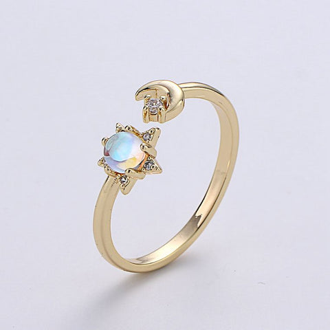 Dainty Celestial Moon and Star CZ Golden Open Cuff Ring