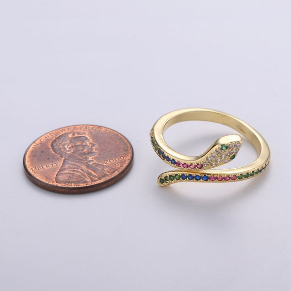 Rainbow Micro Pave CZ Snake Stack Ring, Adjustable Gold Band