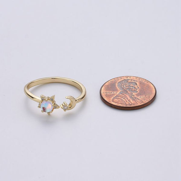 Dainty Celestial Moon and Star CZ Golden Open Cuff Ring