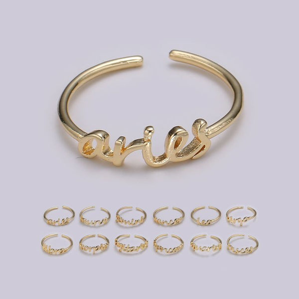 Dainty Minimalist Gold Zodiac Word Adjustable Ring