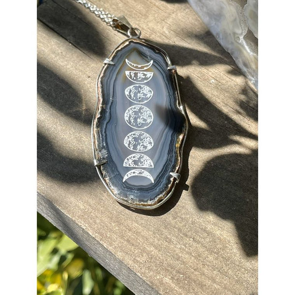 Engraved Moon Phases Agate Pendant.