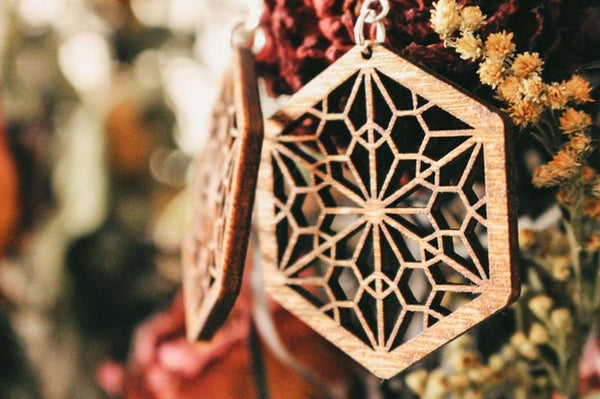 Hexagon Intricate Geometric Boho Wooden Dangle Earrings