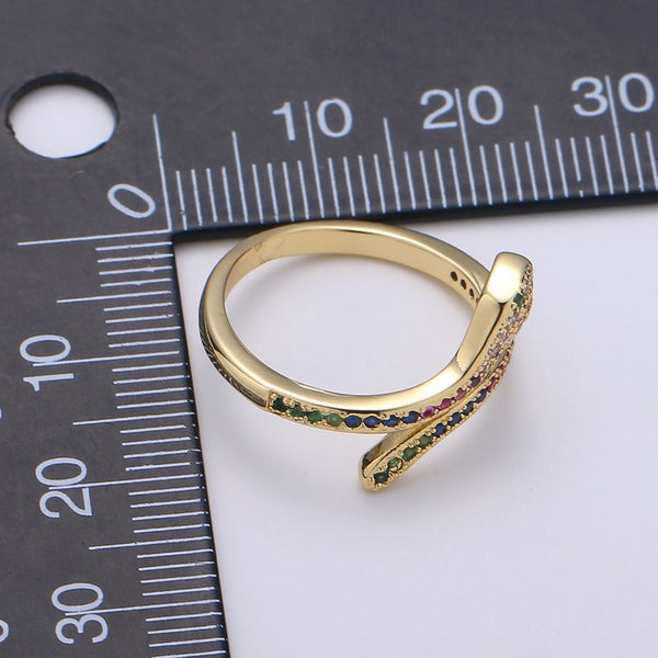 Rainbow Micro Pave CZ Snake Stack Ring, Adjustable Gold Band