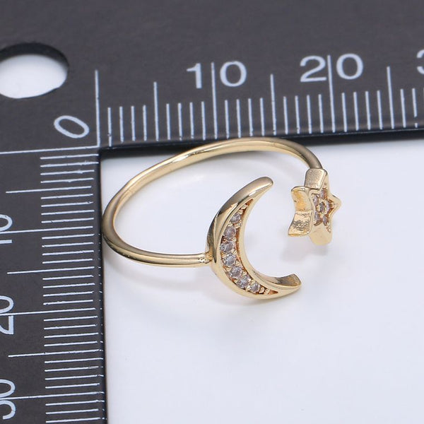 Clear CZ Star and Moon Open Cuff Golden Open Cuff Ring