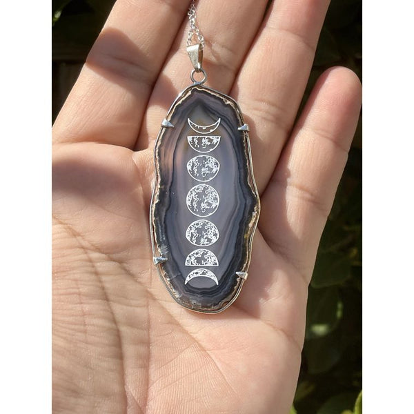 Engraved Moon Phases Agate Pendant.