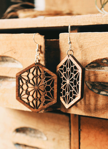 Hexagon Intricate Geometric Boho Wooden Dangle Earrings