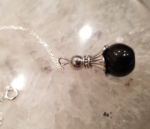 Obsidian Flower Stylized Drop Pendant Silver Necklace