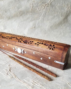 Carved wood Triple Moon Incense burner 12”